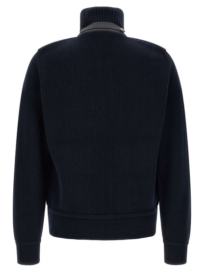 Overcoat by Tom Ford for men in virgin wool & leather blue presents a luxurious silhouette, showcasing a luxurious and sophisticated pockets & insulated for a premium, luxurious look.
