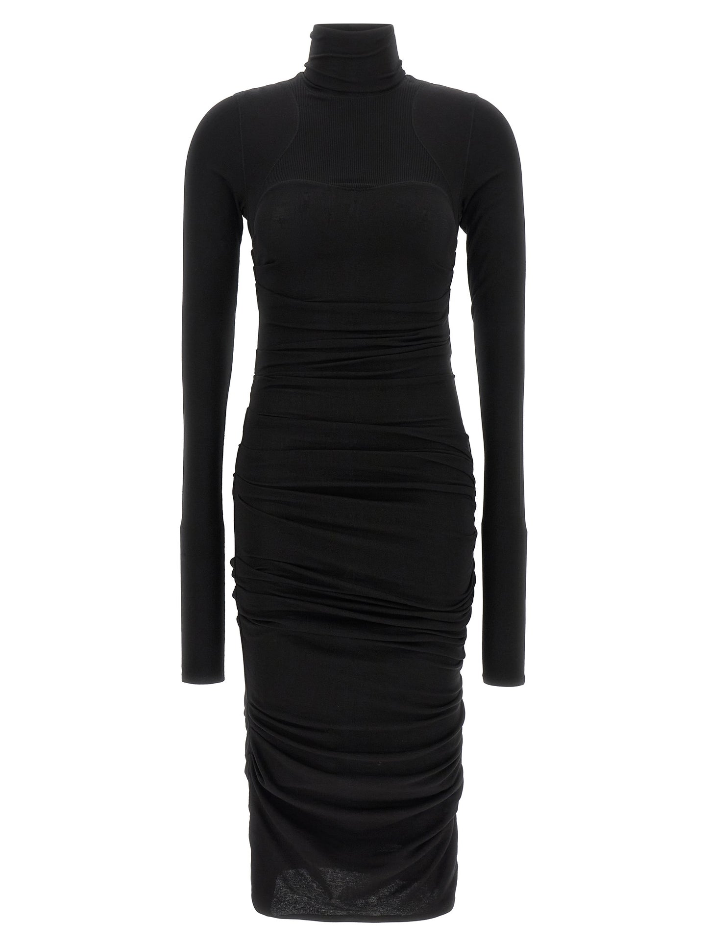 Dress by Elisabetta Franchi for women in lyocell wool black features an sultry silhouette defined by a high-neck neckline and long-sleeve, falling to an sultry midi for a sultry look.