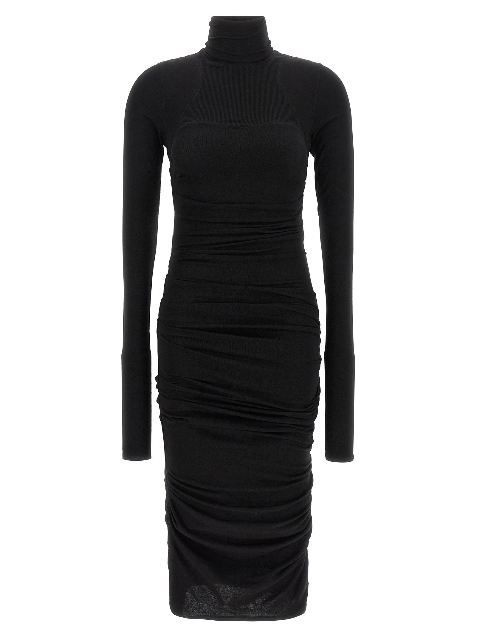Dress by Elisabetta Franchi for women in lyocell wool black features an sultry silhouette defined by a high-neck neckline and long-sleeve, falling to an sultry midi for a sultry look.