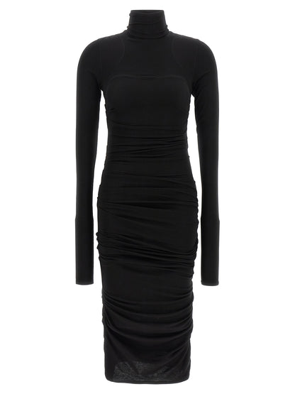 Dress by Elisabetta Franchi for women in lyocell wool black features an sultry silhouette defined by a high-neck neckline and long-sleeve, falling to an sultry midi for a sultry look.