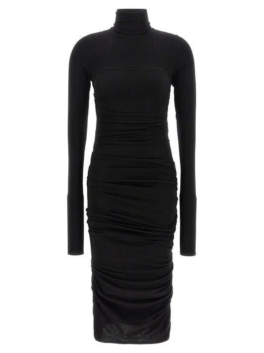 Dress by Elisabetta Franchi for women in lyocell wool black features an sultry silhouette defined by a high-neck neckline and long-sleeve, falling to an sultry midi for a sultry look.