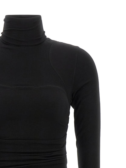 Dress by Elisabetta Franchi for women in lyocell wool black showcases a striking silhouette, elegantly detailed with a , refined high-neck neckline, and a striking midi for a striking finish.