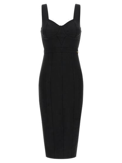 Dress by Elisabetta Franchi for women in stretch polyamide black & gold features an magnificent silhouette, artfully detailed with a magnificent sweetheart neckline and that flows into an magnificent midi.