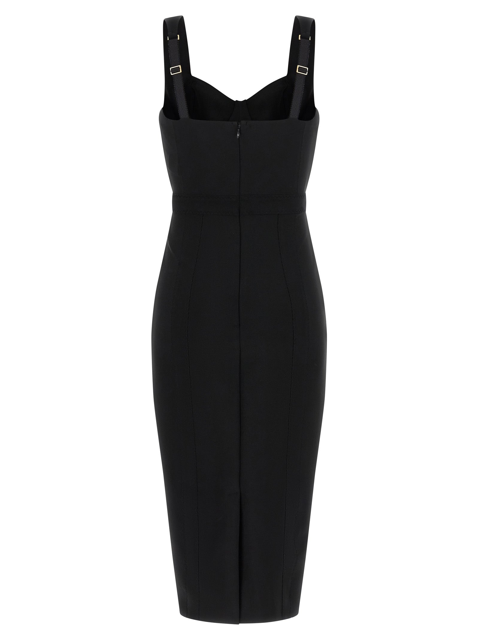 Dress by Elisabetta Franchi for women in stretch polyamide black & gold features an eye catching silhouette with a sophisticated sweetheart neckline, elegant , and a refined midi for a eye catching aesthetic.