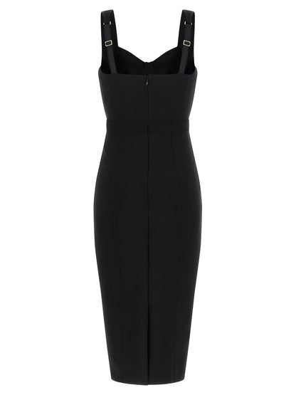 Dress by Elisabetta Franchi for women in stretch polyamide black & gold features an eye catching silhouette with a sophisticated sweetheart neckline, elegant , and a refined midi for a eye catching aesthetic.