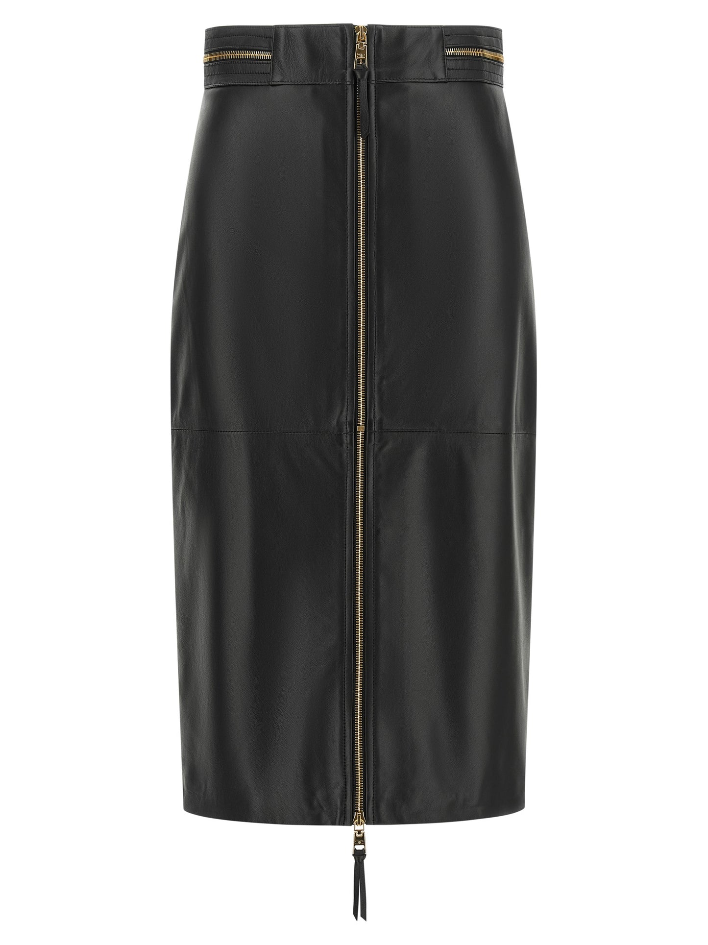 Skirt by Elisabetta Franchi for women in lambskin leather black & gold features a contoured silhouette from the Women's Pencil High Rise Lambskin Leather Skirt collection, characterized by its contoured midi for a contoured finish.