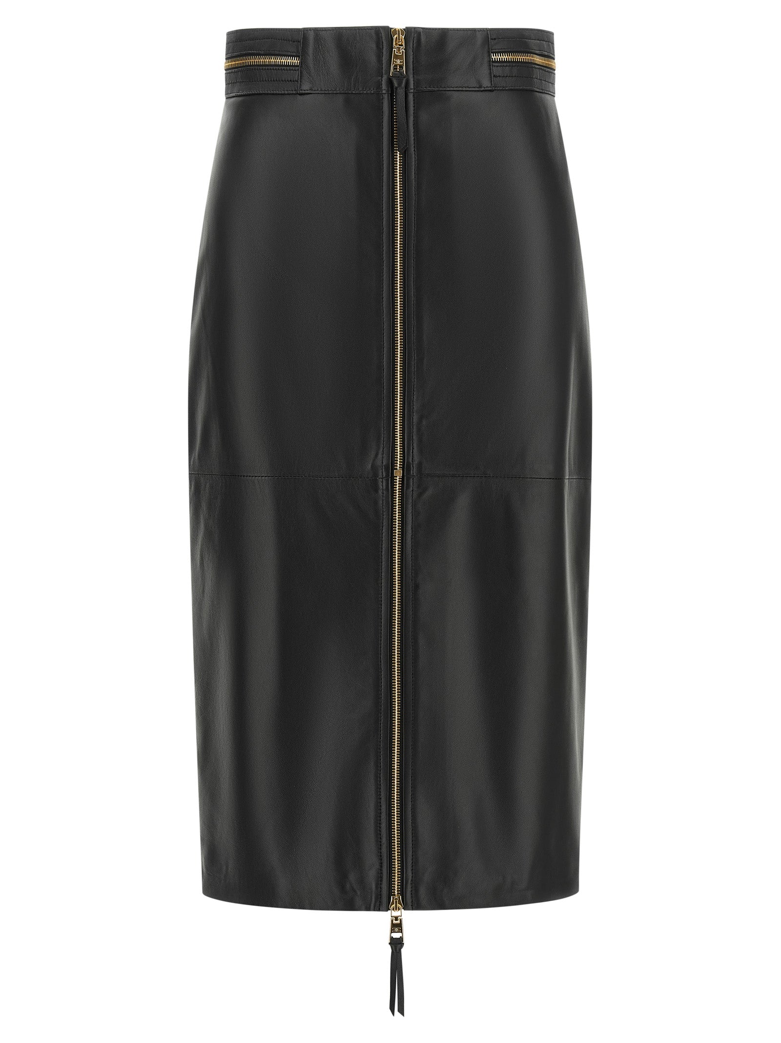 Skirt by Elisabetta Franchi for women in lambskin leather black & gold features a contoured silhouette from the Women's Pencil High Rise Lambskin Leather Skirt collection, characterized by its contoured midi for a contoured finish.