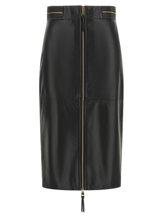 Skirt by Elisabetta Franchi for women in lambskin leather black & gold features a contoured silhouette from the Women's Pencil High Rise Lambskin Leather Skirt collection, characterized by its contoured midi for a contoured finish.