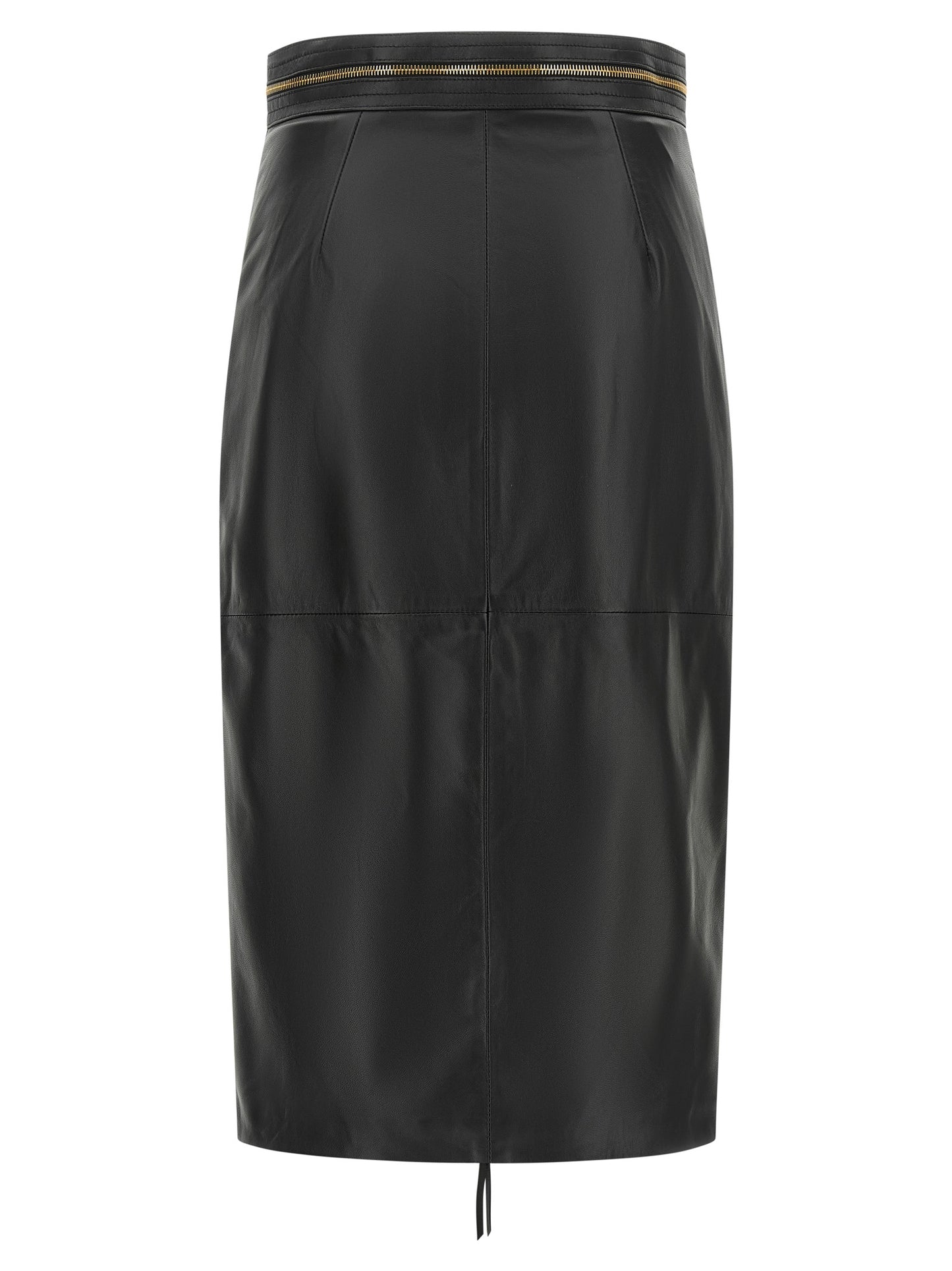 Skirt by Elisabetta Franchi for women in lambskin leather black & gold features an relaxed-yet-refined silhouette that elegantly showcases the Women's Pencil High Rise Lambskin Leather Skirt design and sophisticated midi.