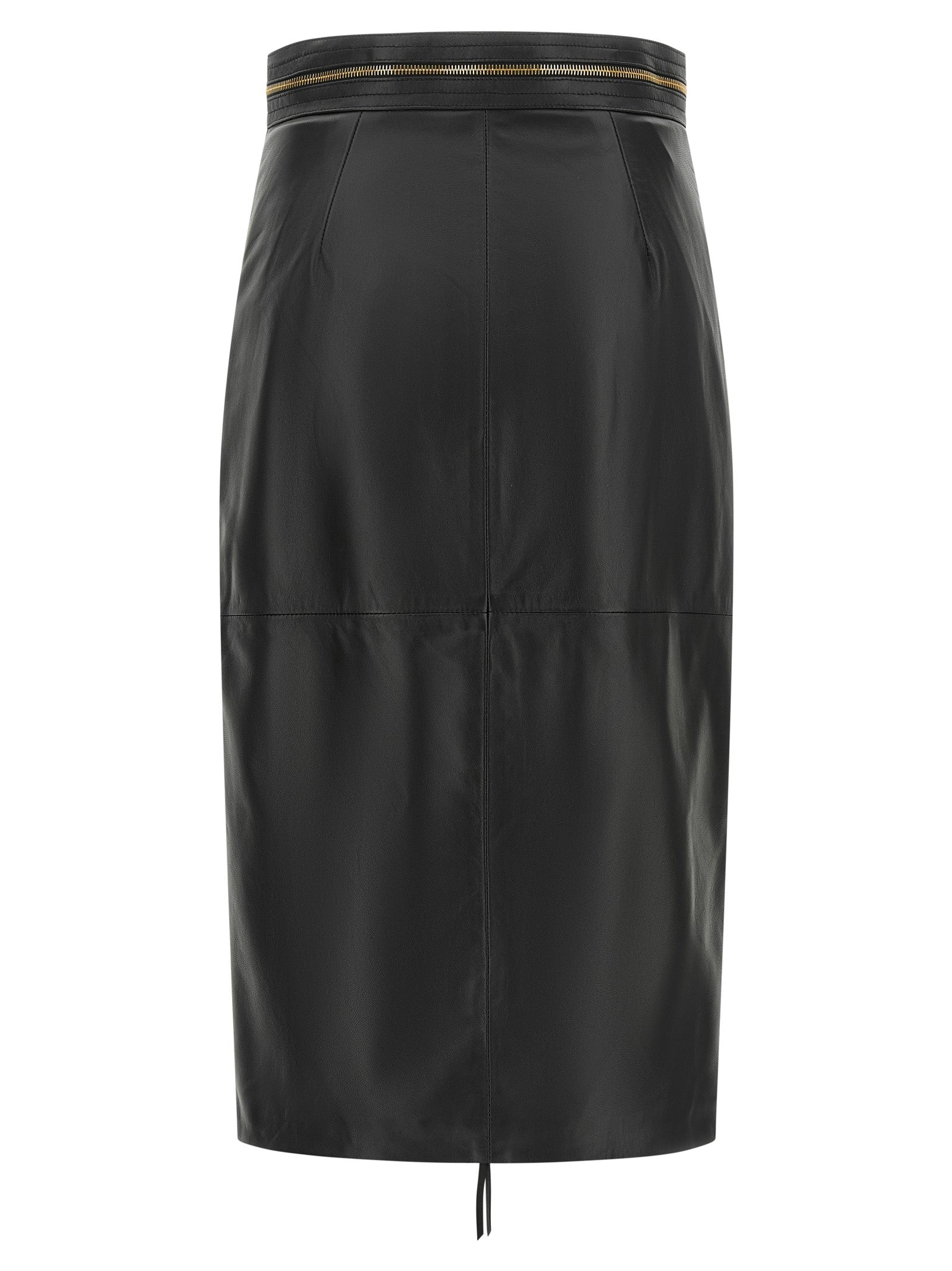 Skirt by Elisabetta Franchi for women in lambskin leather black & gold features an relaxed-yet-refined silhouette that elegantly showcases the Women's Pencil High Rise Lambskin Leather Skirt design and sophisticated midi.