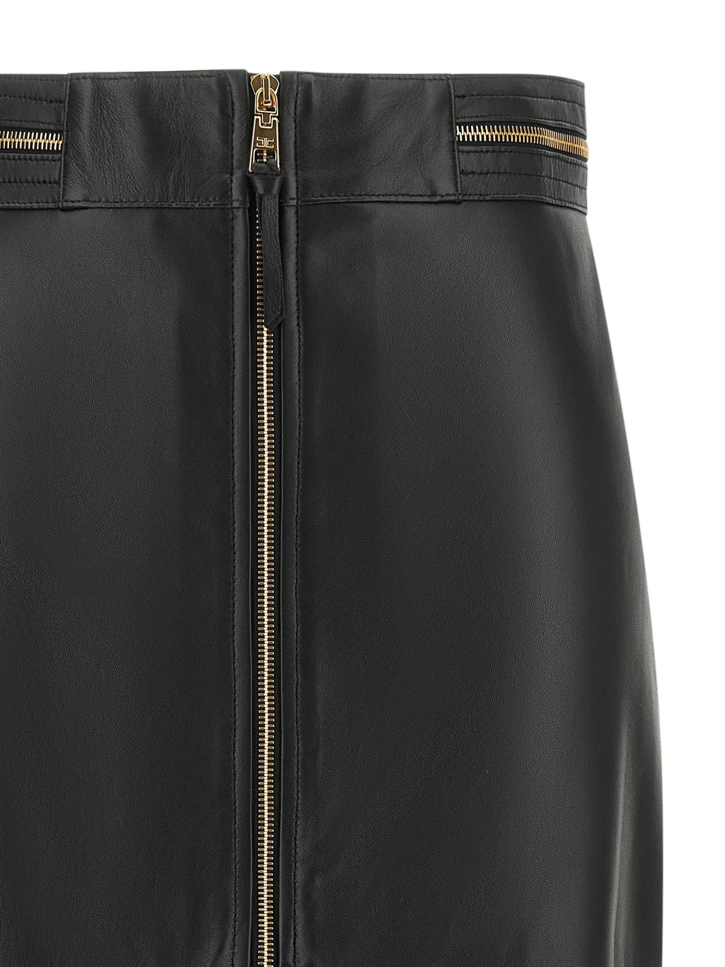 Skirt by Elisabetta Franchi for women in lambskin leather black & gold showcases a sultry silhouette, elegantly defined by its midi and the sophisticated sultry design of the Women's Pencil High Rise Lambskin Leather Skirt.