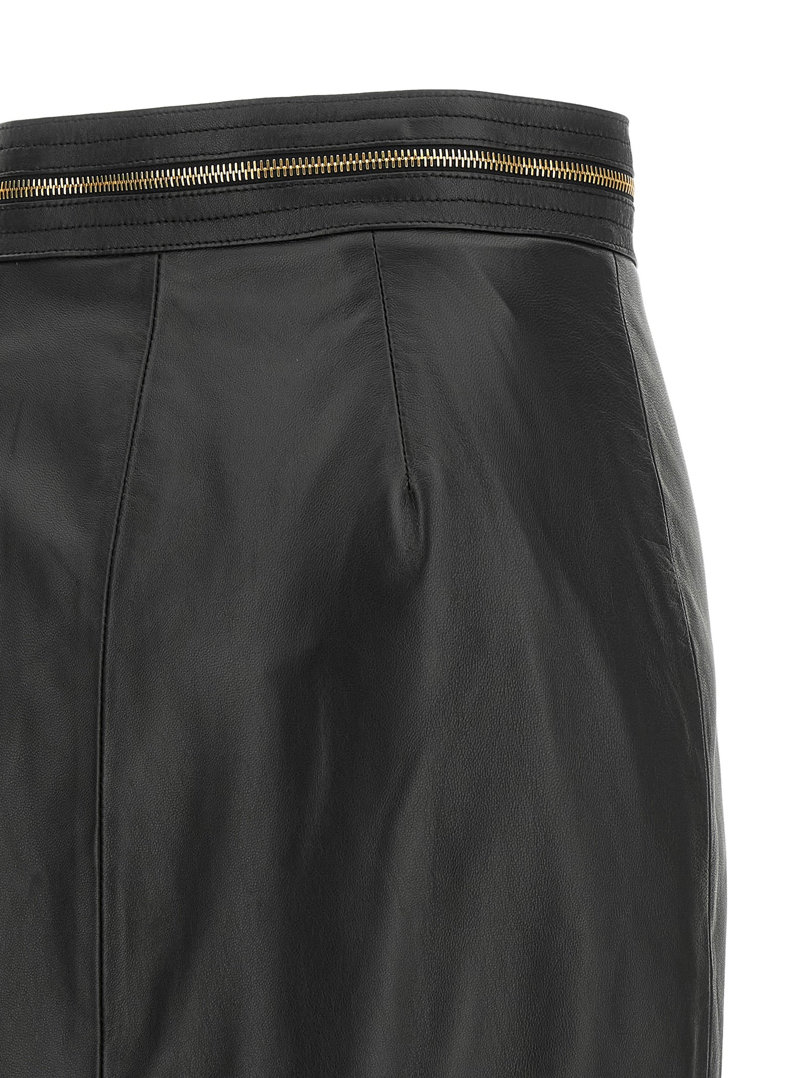 Skirt by Elisabetta Franchi for women in lambskin leather black & gold showcases a dramatic silhouette, artfully capturing the essence of the Women's Pencil High Rise Lambskin Leather Skirt in a dramatic midi cut for a refined look.