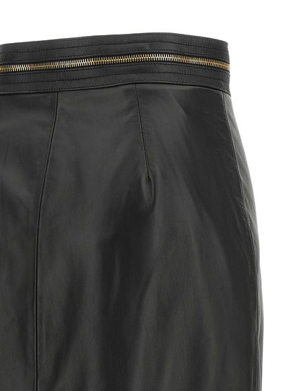 Skirt by Elisabetta Franchi for women in lambskin leather black & gold showcases a dramatic silhouette, artfully capturing the essence of the Women's Pencil High Rise Lambskin Leather Skirt in a dramatic midi cut for a refined look.