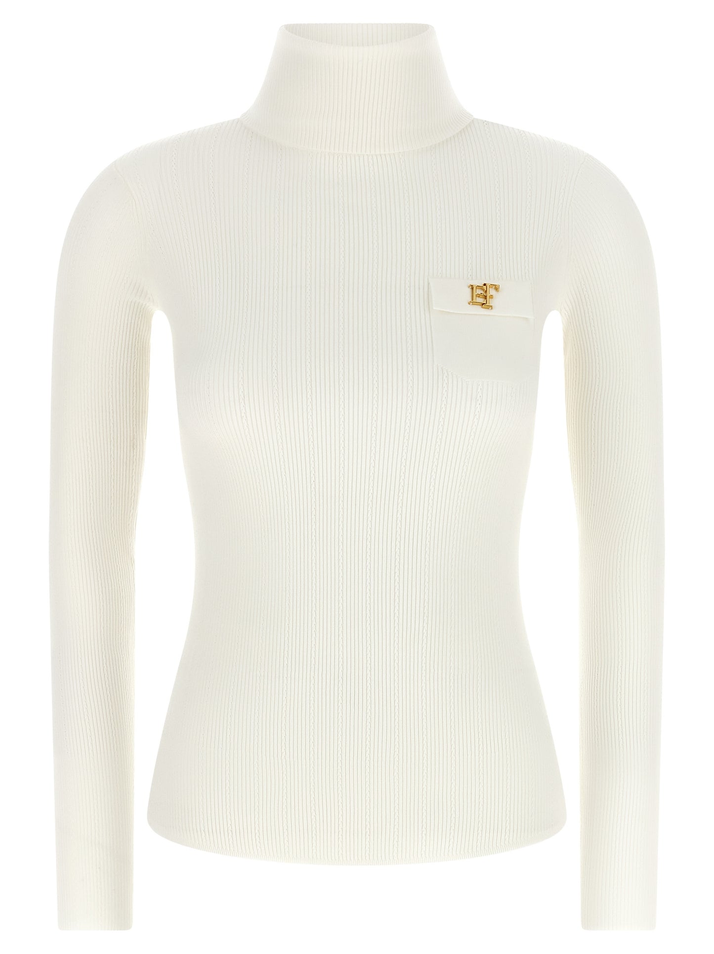 Cardigan by Elisabetta Franchi for women in lyocell polyamide & silk gold, white & patterned features a dramatic silhouette, showcasing a sophisticated turtle high-neck neckline and dramatic detail for a timeless, premium look.