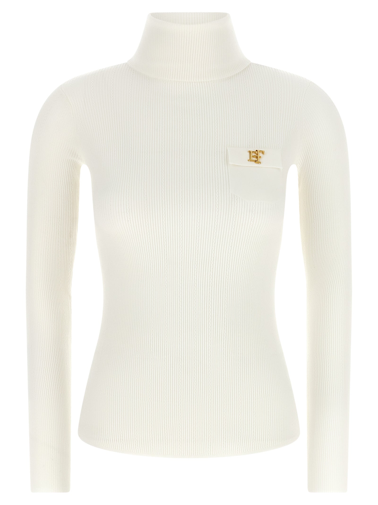 Cardigan by Elisabetta Franchi for women in lyocell polyamide & silk gold, white & patterned features a dramatic silhouette, showcasing a sophisticated turtle high-neck neckline and dramatic detail for a timeless, premium look.