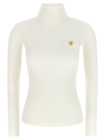 Cardigan by Elisabetta Franchi for women in lyocell polyamide & silk gold, white & patterned features a dramatic silhouette, showcasing a sophisticated turtle high-neck neckline and dramatic detail for a timeless, premium look.
