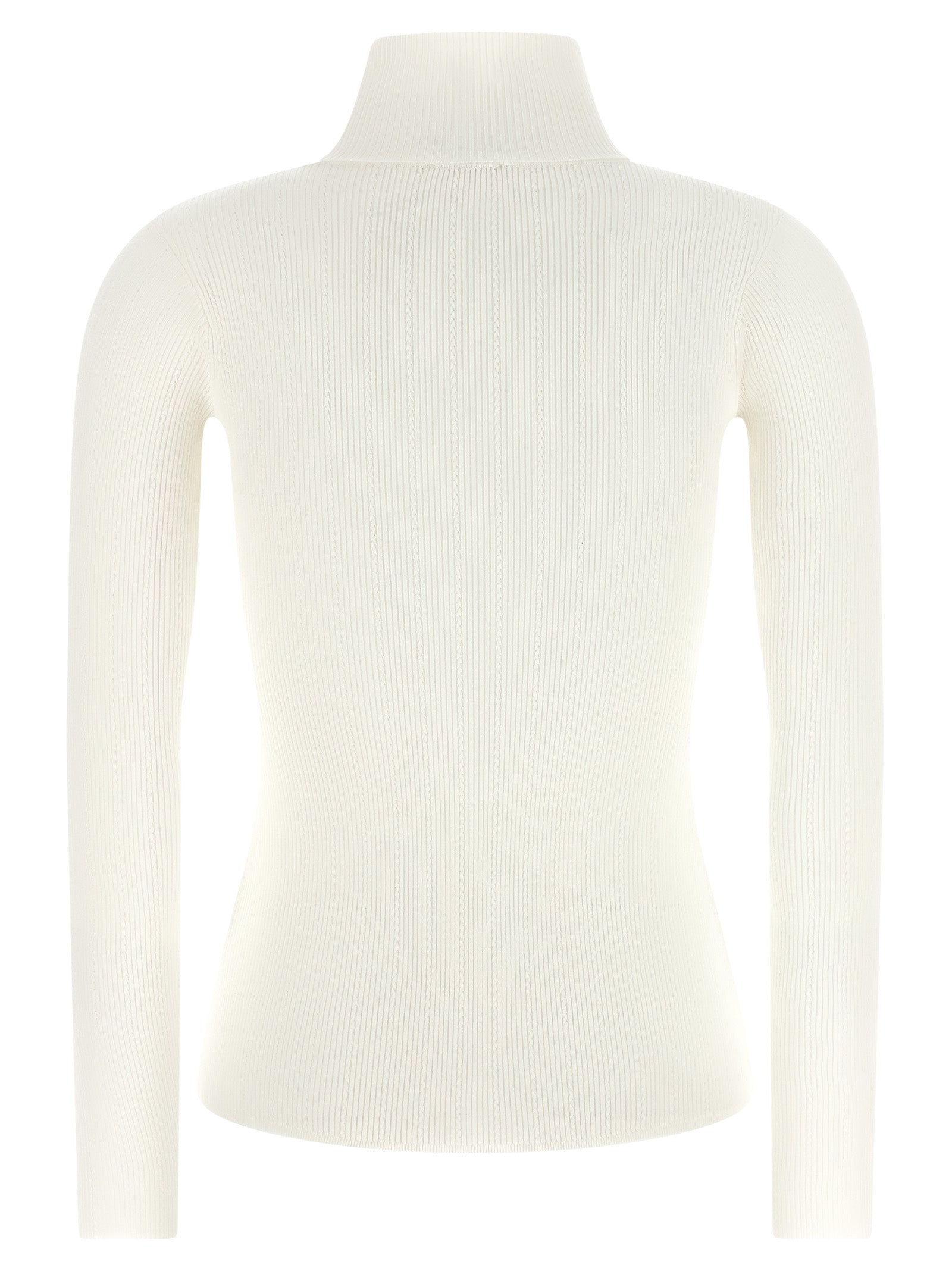 Cardigan by Elisabetta Franchi for women in lyocell polyamide & silk gold, white & patterned showcases a luxurious silhouette, meticulously detailed with a sophisticated turtle high-neck neckline and for a refined finish.