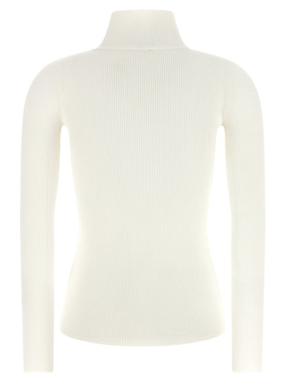 Cardigan by Elisabetta Franchi for women in lyocell polyamide & silk gold, white & patterned showcases a luxurious silhouette, meticulously detailed with a sophisticated turtle high-neck neckline and for a refined finish.