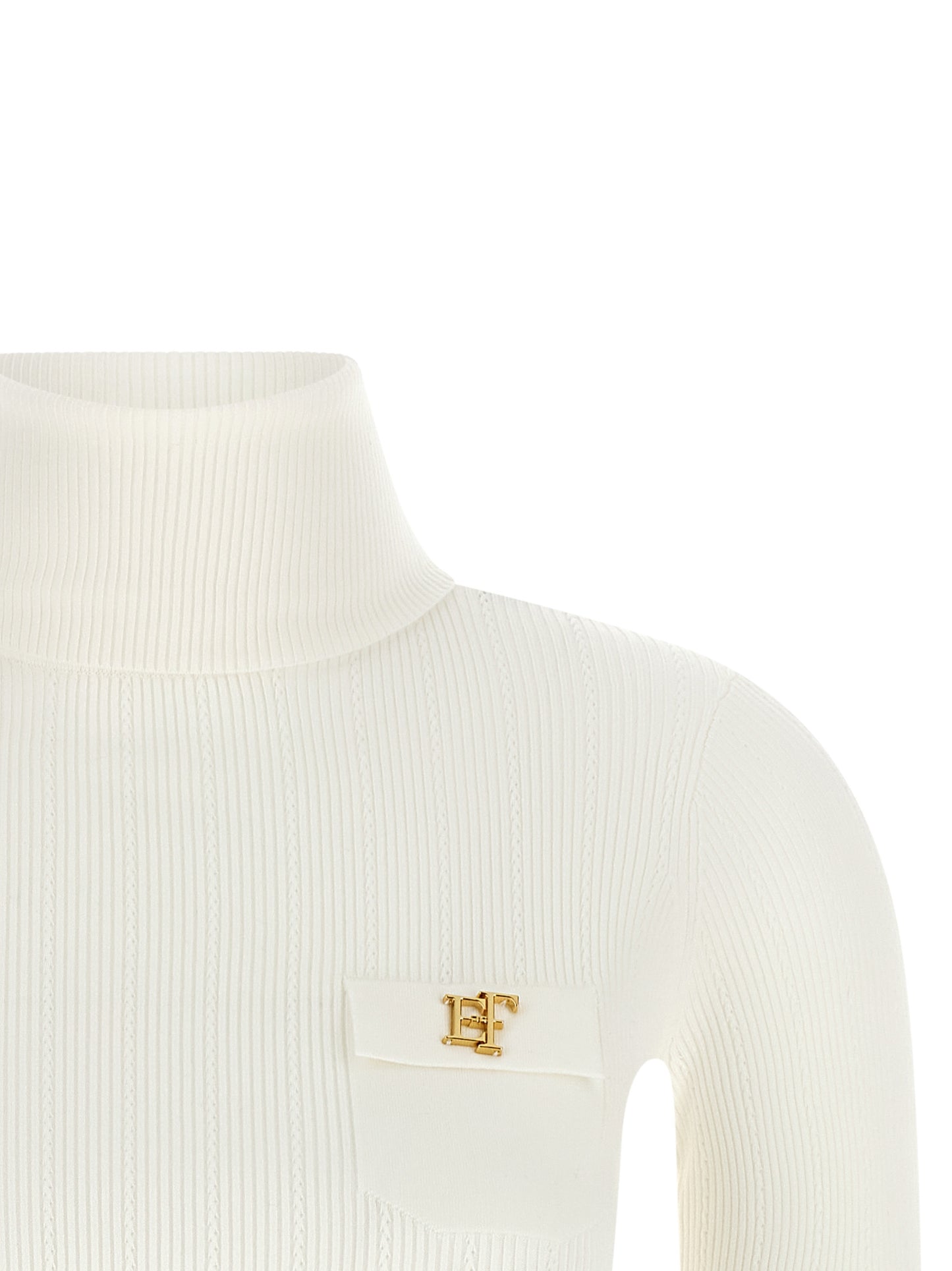 Cardigan by Elisabetta Franchi for women in lyocell polyamide & silk gold, white & patterned features a nuanced silhouette with a refined turtle high-neck neckline and nuanced detailing for a sophisticated look.