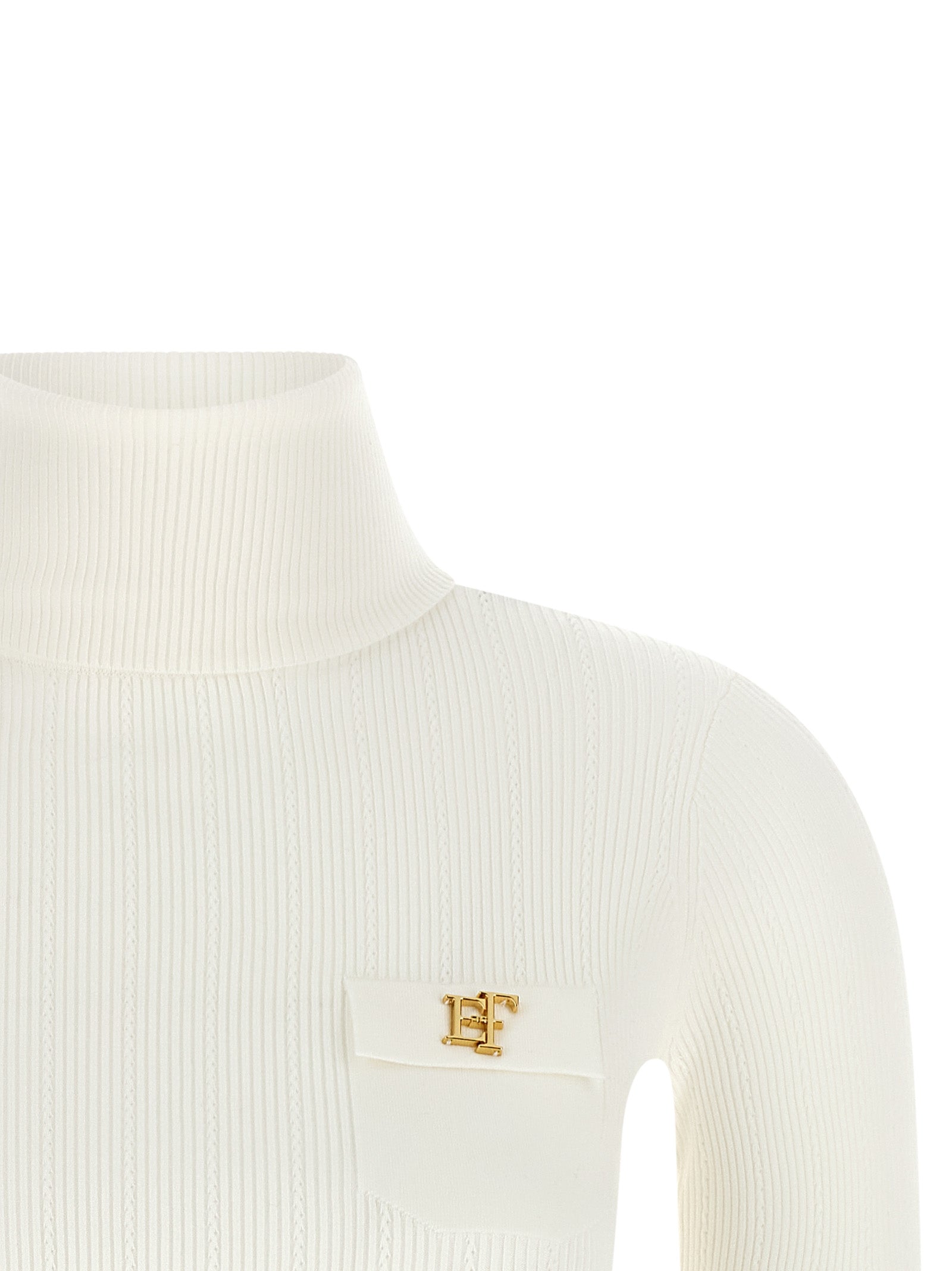 Cardigan by Elisabetta Franchi for women in lyocell polyamide & silk gold, white & patterned features a nuanced silhouette with a refined turtle high-neck neckline and nuanced detailing for a sophisticated look.