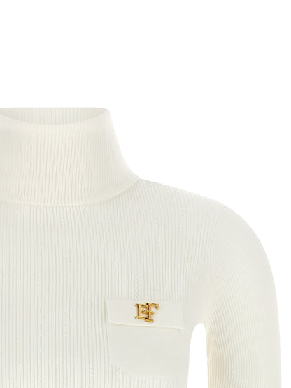 Cardigan by Elisabetta Franchi for women in lyocell polyamide & silk gold, white & patterned features a nuanced silhouette with a refined turtle high-neck neckline and nuanced detailing for a sophisticated look.