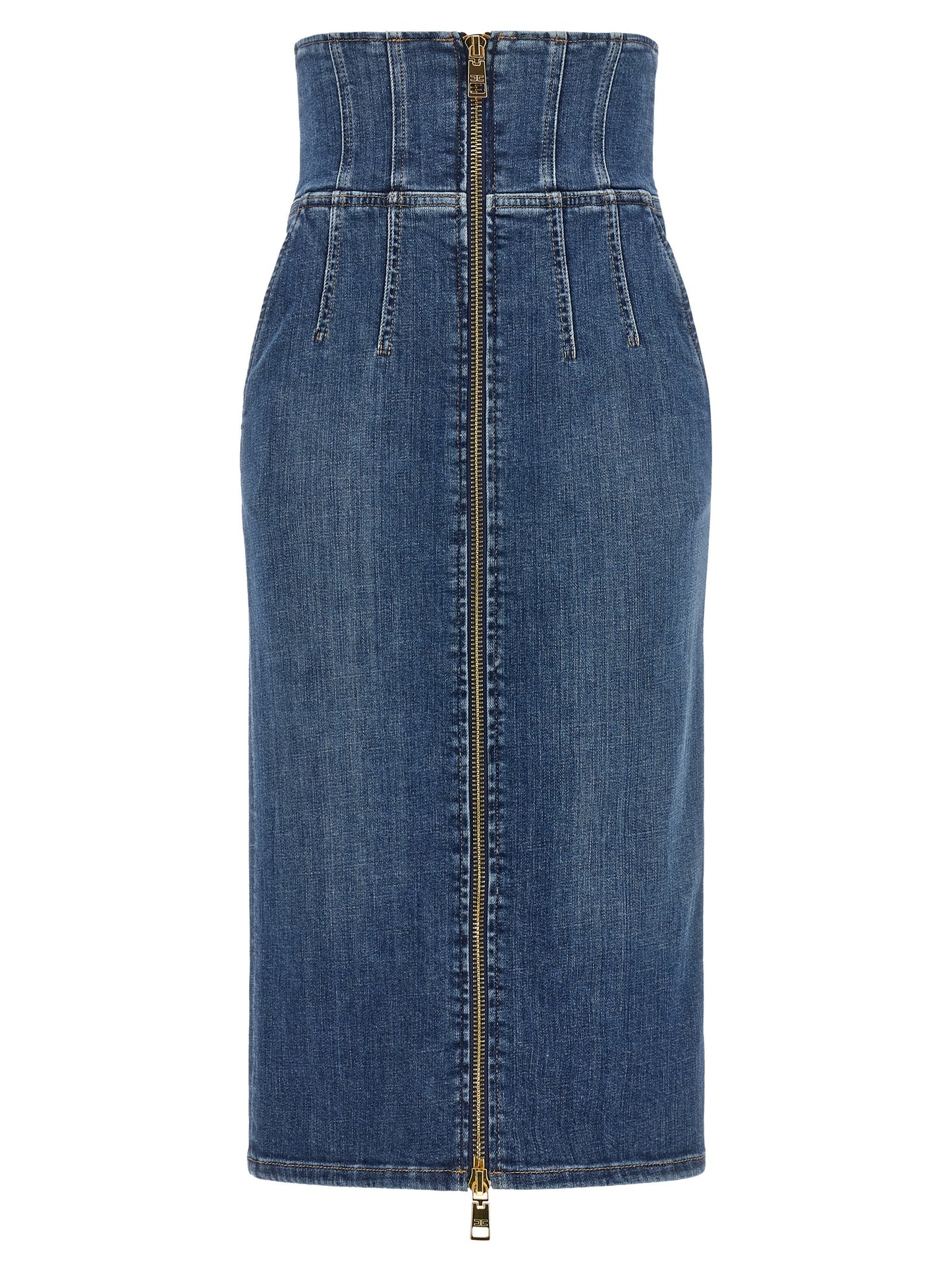 Skirt by Elisabetta Franchi for women in stretch denim cotton blue, gold & monogram features a sublime silhouette, showcasing the sublime design of the Women's Denim High Rise Stretch Cotton Skirt in a sophisticated midi.