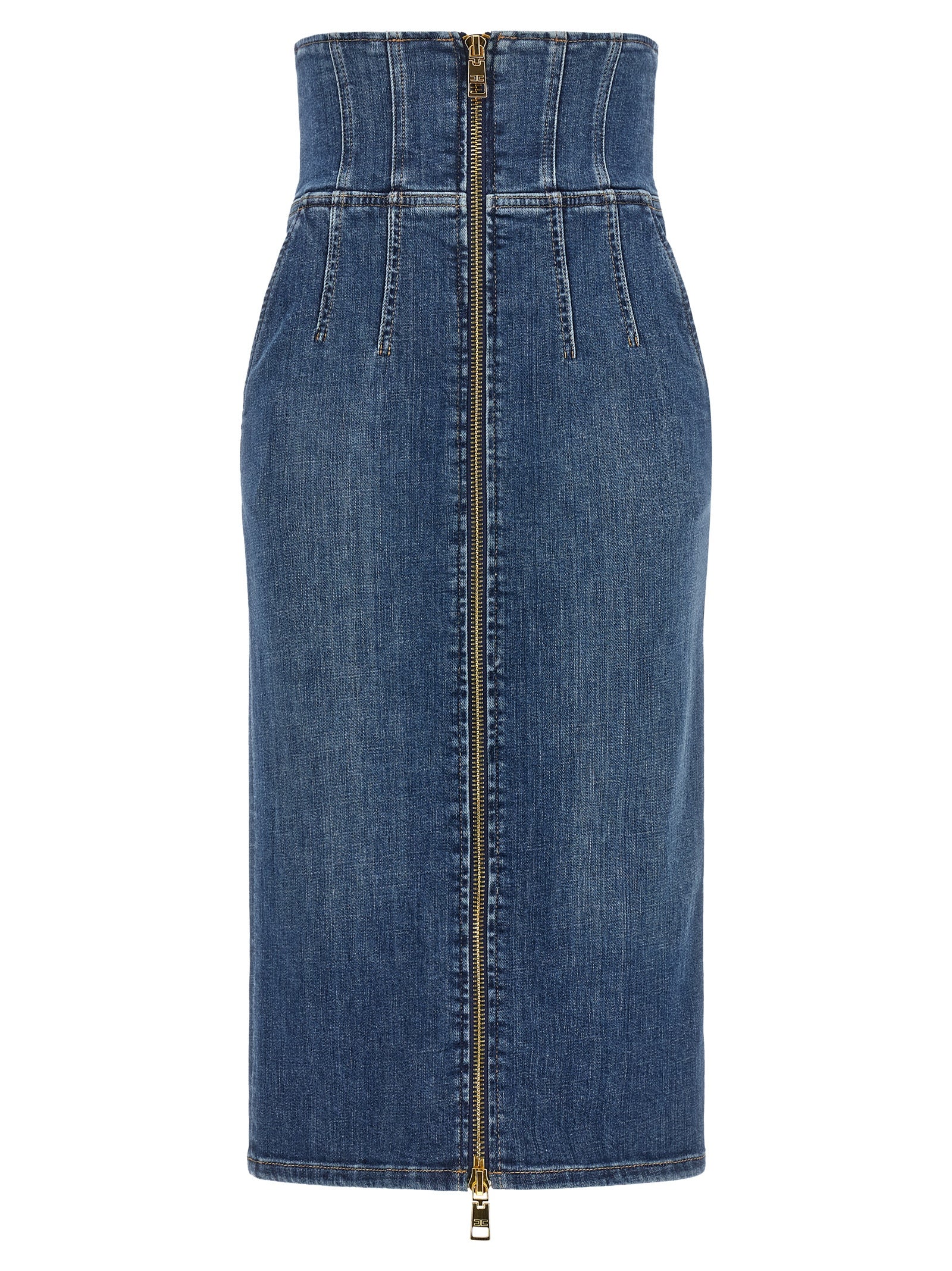 Skirt by Elisabetta Franchi for women in stretch denim cotton blue, gold & monogram features a sublime silhouette, showcasing the sublime design of the Women's Denim High Rise Stretch Cotton Skirt in a sophisticated midi.