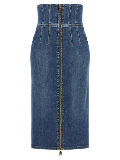Skirt by Elisabetta Franchi for women in stretch denim cotton blue, gold & monogram features a sublime silhouette, showcasing the sublime design of the Women's Denim High Rise Stretch Cotton Skirt in a sophisticated midi.