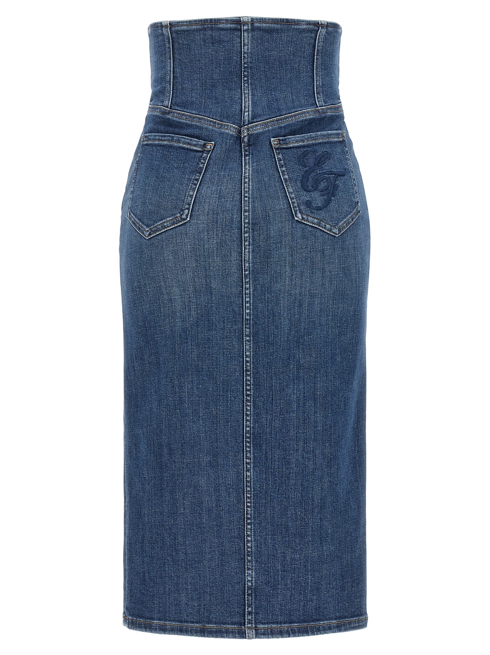 Skirt by Elisabetta Franchi for women in stretch denim cotton blue, gold & monogram features an tailored silhouette, artfully capturing the essence of Women's Denim High Rise Stretch Cotton Skirt in a sophisticated midi.