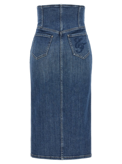 Skirt by Elisabetta Franchi for women in stretch denim cotton blue, gold & monogram features an tailored silhouette, artfully capturing the essence of Women's Denim High Rise Stretch Cotton Skirt in a sophisticated midi.