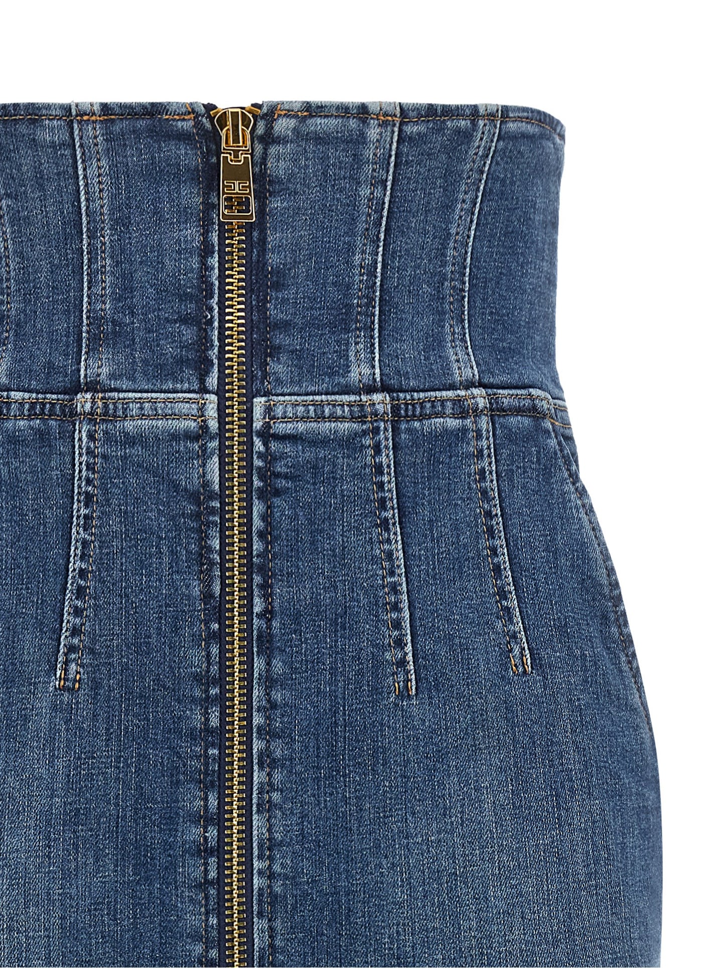 Skirt by Elisabetta Franchi for women in stretch denim cotton blue, gold & monogram features a captivating silhouette, showcasing the captivating Women's Denim High Rise Stretch Cotton Skirt design with a sophisticated midi for a captivating look.