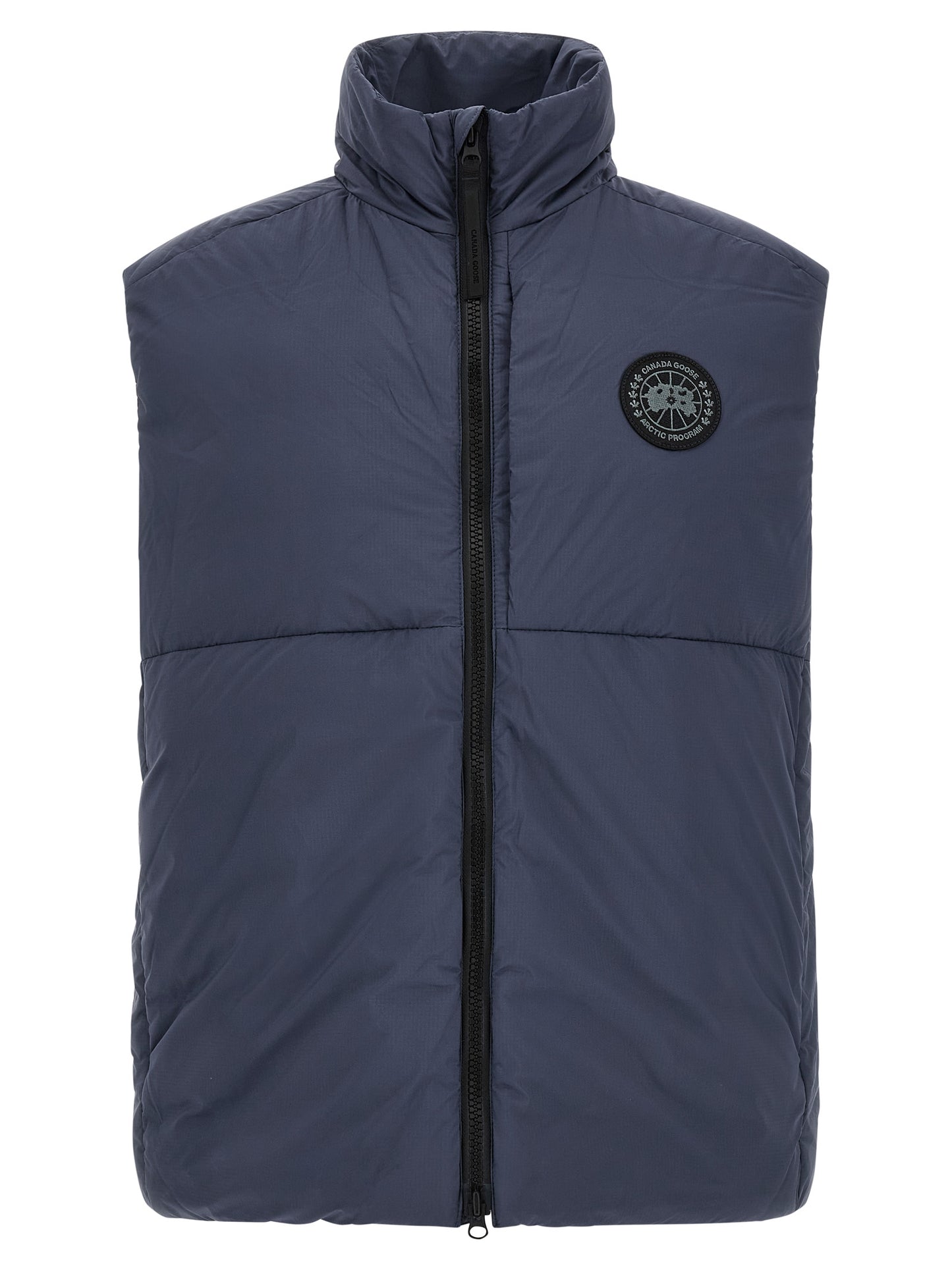 Vest by Canada Goose for men in polyamide black & dark-blue showcases a dynamic silhouette, perfectly balancing with a dynamic high-neck neckline for a sophisticated, high-fashion look.