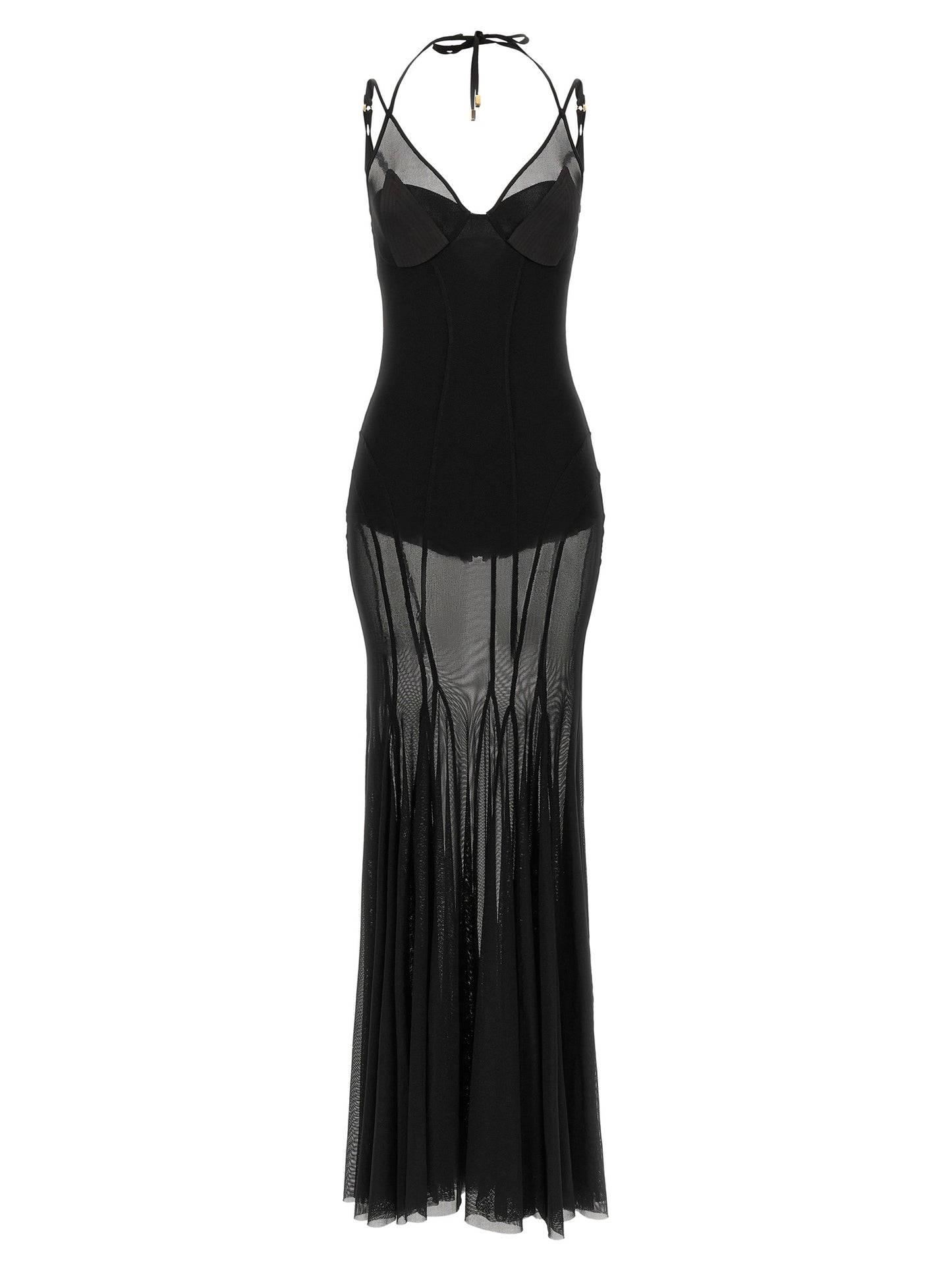 Dress by Elisabetta Franchi for women in polyamide satin black, gold & red presents a sinuous silhouette, showcasing a sophisticated and detailed with a sinuous long for a refined finish.
