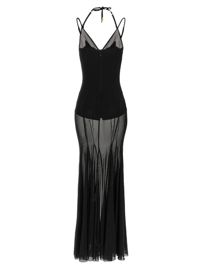 Dress by Elisabetta Franchi for women in polyamide satin black, gold & red showcases a striking silhouette, elegantly detailed with a , refined , and a striking long for a striking finish.