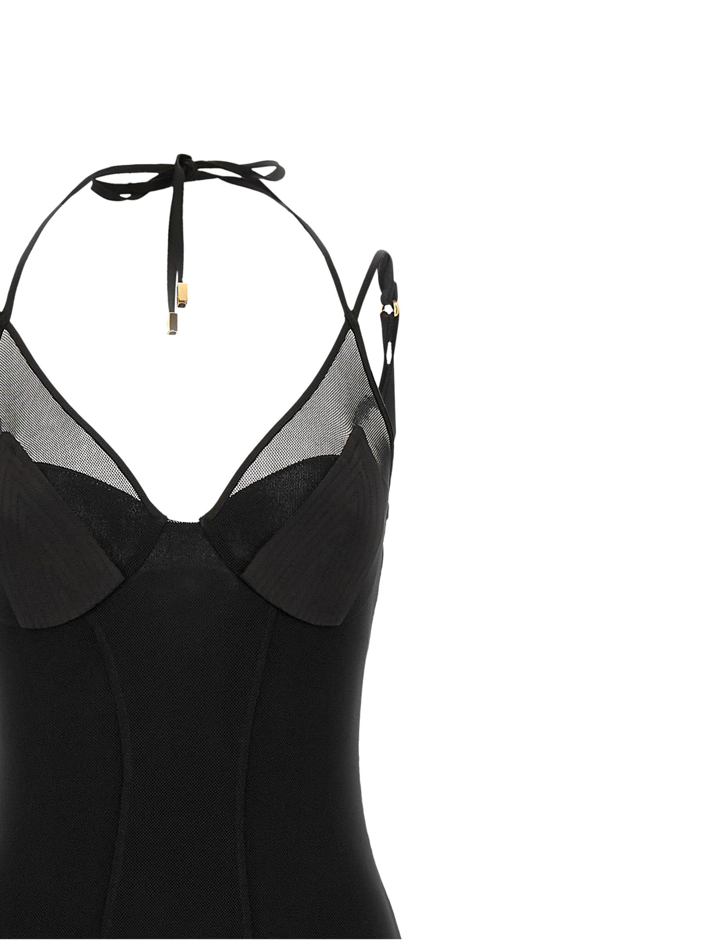Dress by Elisabetta Franchi for women in polyamide satin black, gold & red features a dramatic silhouette, showcasing an elegant and that flows into a dramatic long.