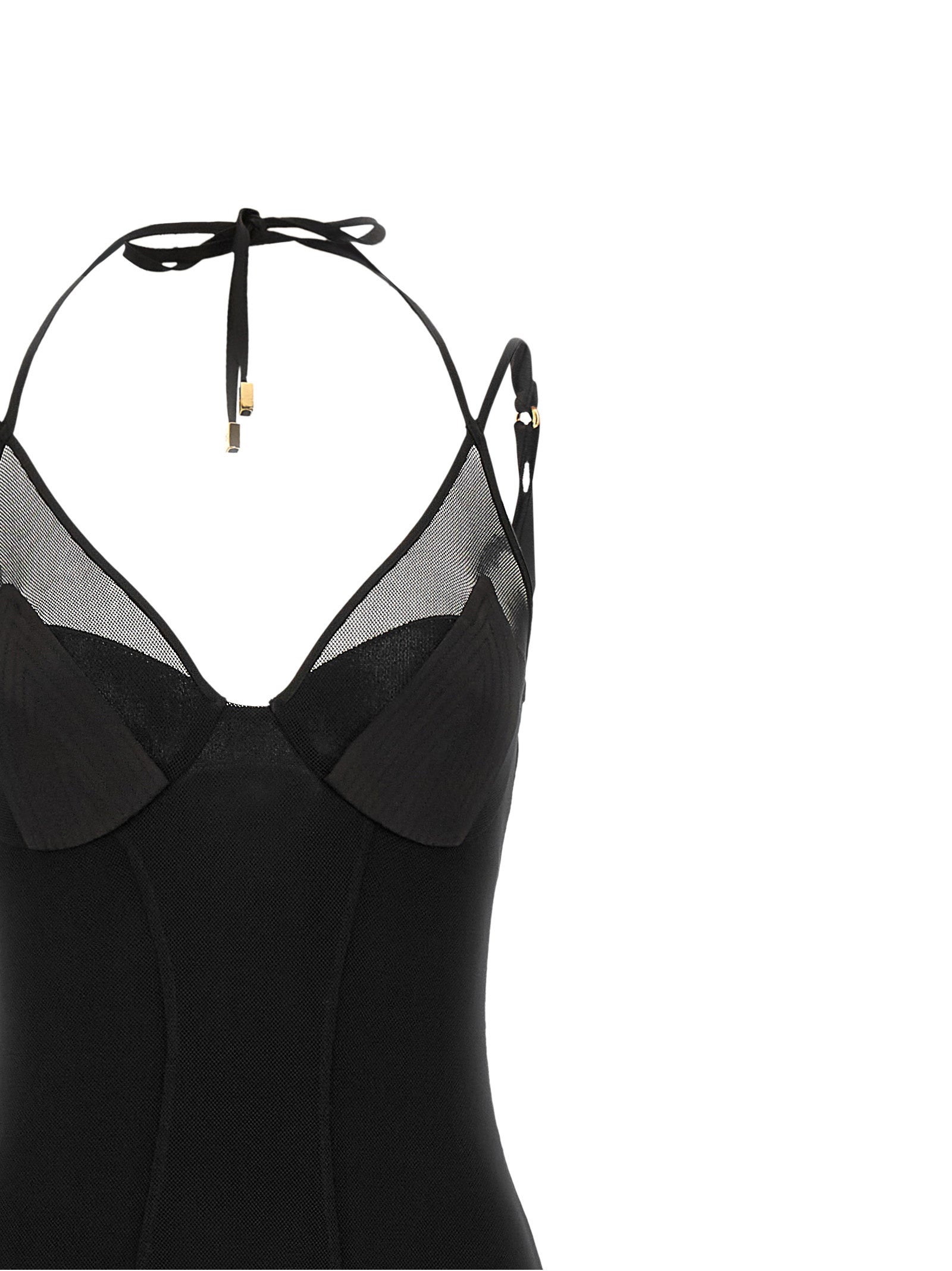 Dress by Elisabetta Franchi for women in polyamide satin black, gold & red features a dramatic silhouette, showcasing an elegant and that flows into a dramatic long.
