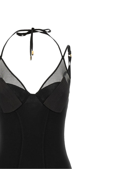 Dress by Elisabetta Franchi for women in polyamide satin black, gold & red features a dramatic silhouette, showcasing an elegant and that flows into a dramatic long.