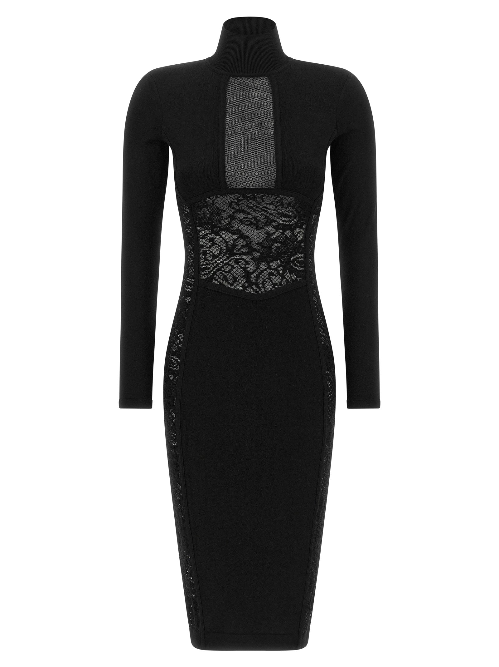 Dress by Elisabetta Franchi for women in poly cotton viscose mesh black & floral showcases a striking silhouette, elegantly detailed with a , refined mock neckline, and a striking midi for a striking finish.