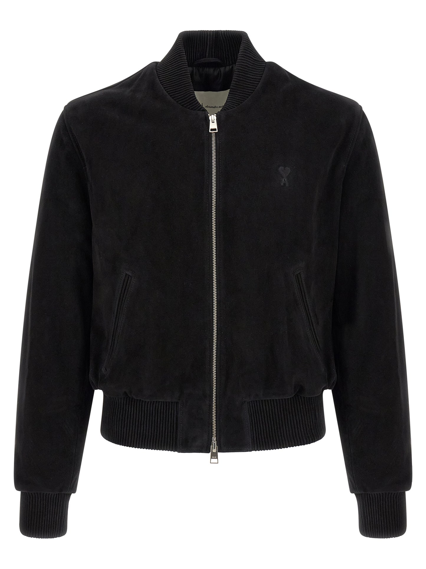 Bomber Jacket by Ami Paris for men in suede goatskin leather black & silver presents a effortlessly chic silhouette, showcasing a sophisticated and premium pockets for a truly effortlessly chic finish.