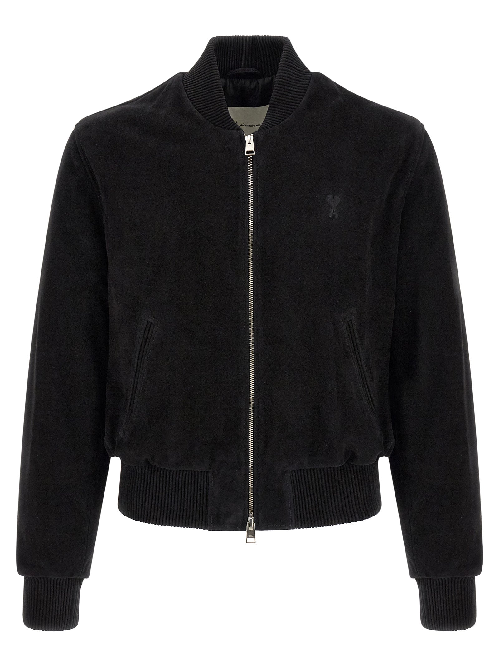 Bomber Jacket by Ami Paris for men in suede goatskin leather black & silver presents a effortlessly chic silhouette, showcasing a sophisticated and premium pockets for a truly effortlessly chic finish.