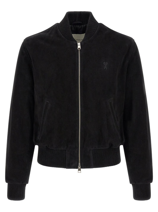 Bomber Jacket by Ami Paris for men in suede goatskin leather black & silver presents a effortlessly chic silhouette, showcasing a sophisticated and premium pockets for a truly effortlessly chic finish.