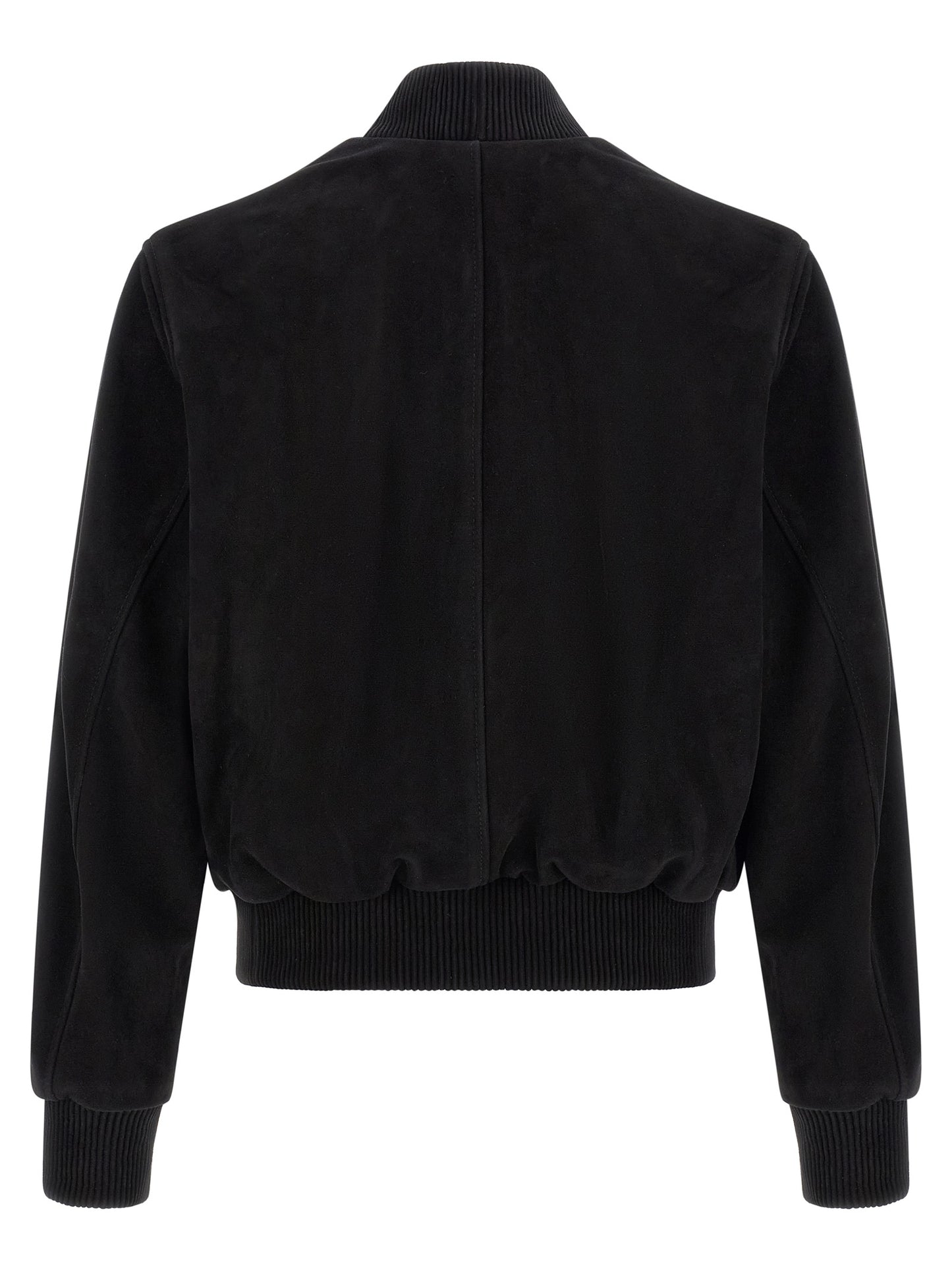 Bomber Jacket by Ami Paris for men in suede goatskin leather black & silver features a dramatic silhouette, showcasing a sophisticated and distinctive pockets for a dramatic aesthetic.