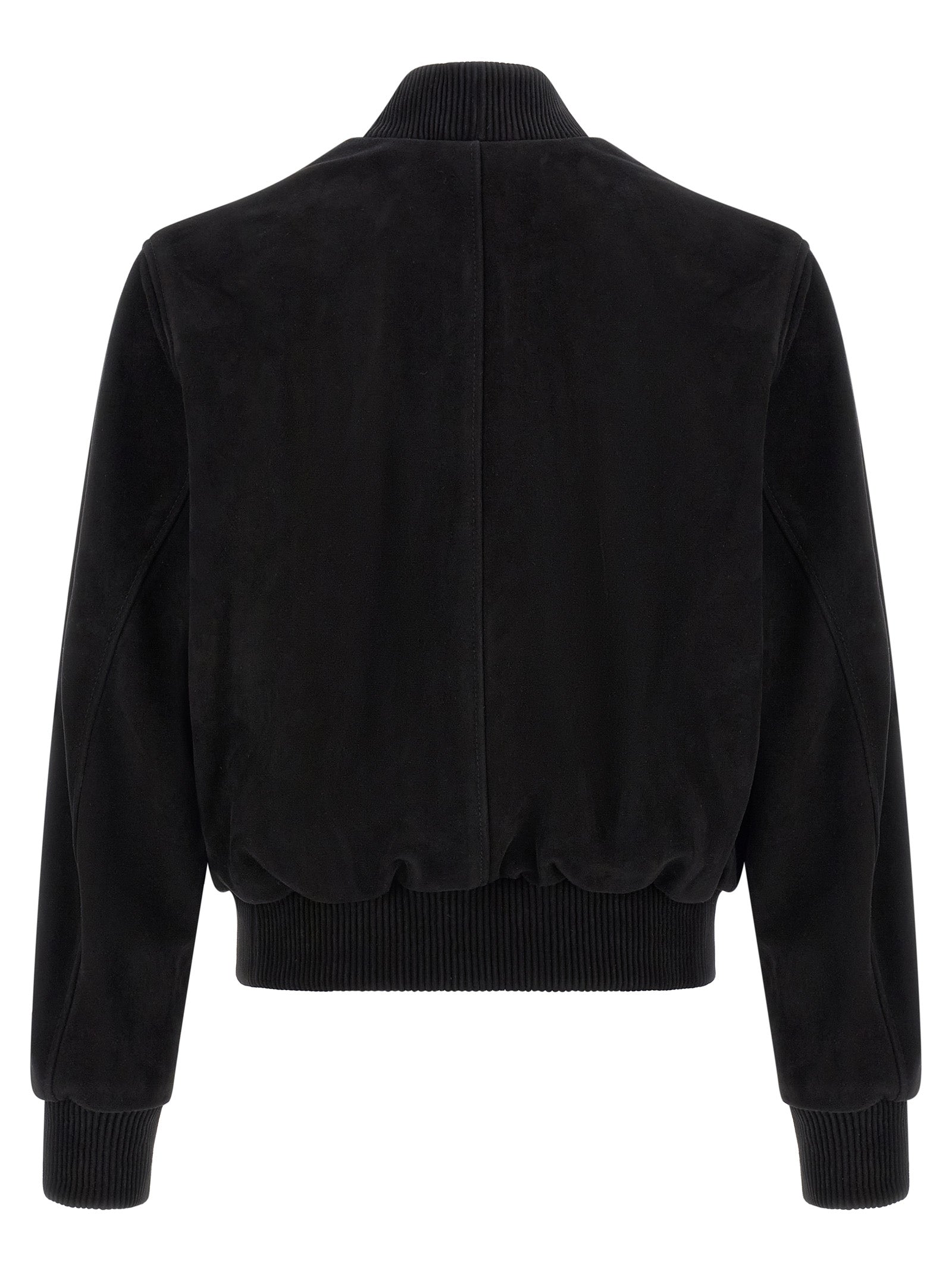 Bomber Jacket by Ami Paris for men in suede goatskin leather black & silver features a dramatic silhouette, showcasing a sophisticated and distinctive pockets for a dramatic aesthetic.