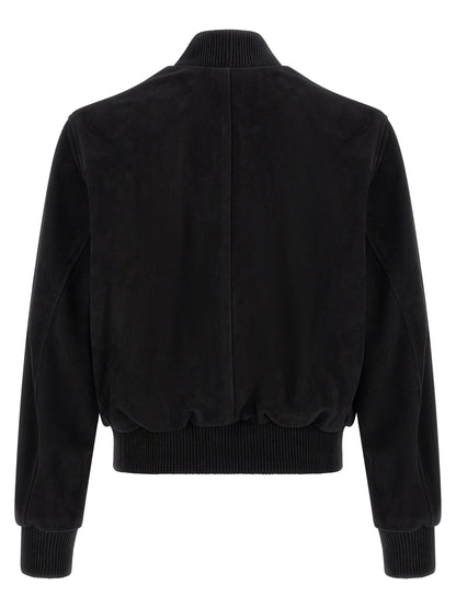 Bomber Jacket by Ami Paris for men in suede goatskin leather black & silver features a dramatic silhouette, showcasing a sophisticated and distinctive pockets for a dramatic aesthetic.