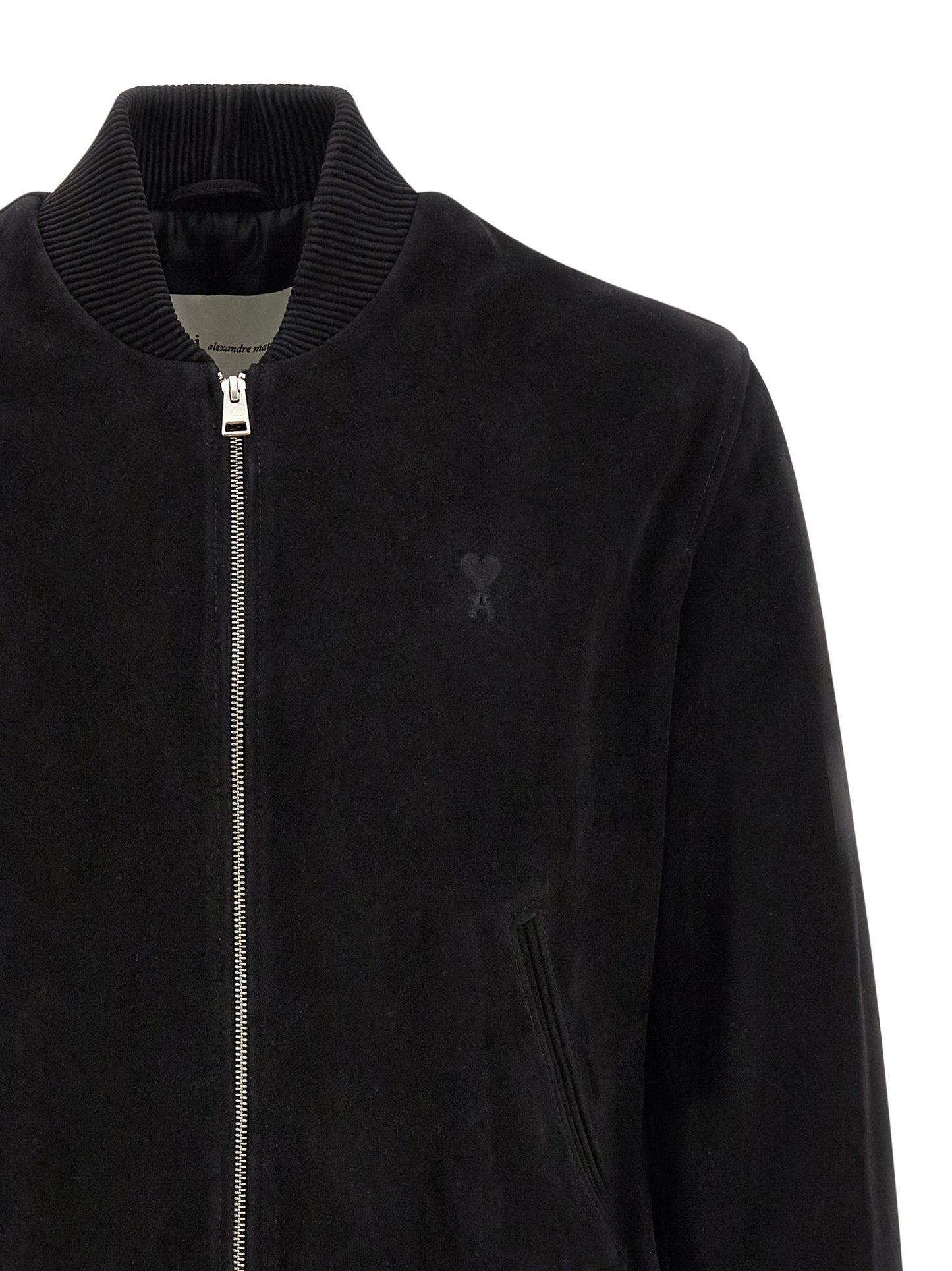 Bomber Jacket by Ami Paris for men in suede goatskin leather black & silver features an on trend silhouette, showcasing refined pockets and a sophisticated for a truly on trend finish.