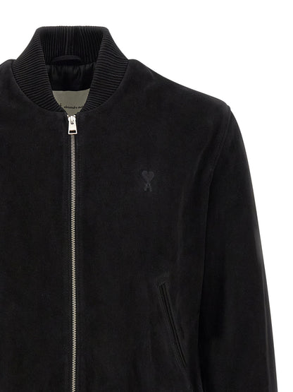 Bomber Jacket by Ami Paris for men in suede goatskin leather black & silver features an on trend silhouette, showcasing refined pockets and a sophisticated for a truly on trend finish.
