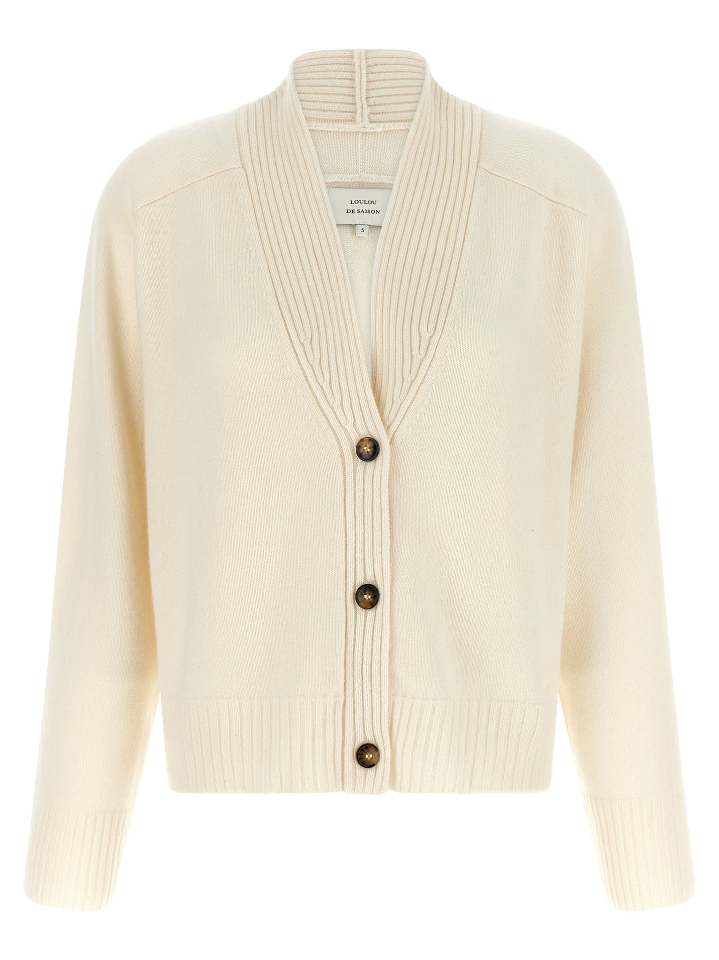 Cardigan by Loulou De Saison for women in cashmere ivory & white features a dramatic silhouette, showcasing a sophisticated v-neck neckline and dramatic detail for a timeless, premium look.