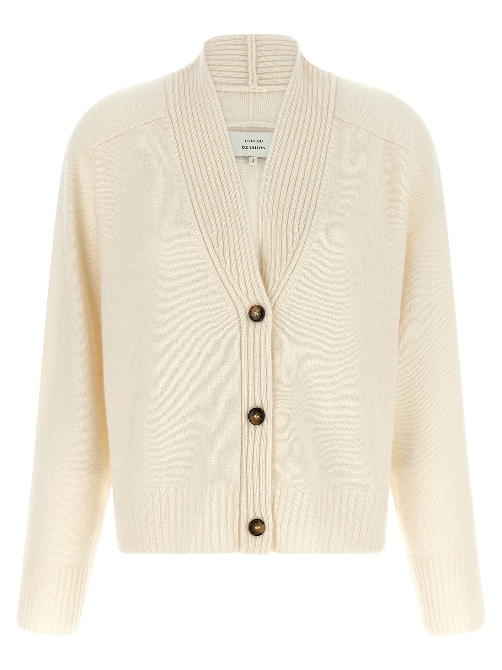 Cardigan by Loulou De Saison for women in cashmere ivory & white features a dramatic silhouette, showcasing a sophisticated v-neck neckline and dramatic detail for a timeless, premium look.
