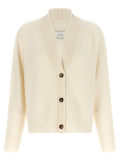 Cardigan by Loulou De Saison for women in cashmere ivory & white features a dramatic silhouette, showcasing a sophisticated v-neck neckline and dramatic detail for a timeless, premium look.