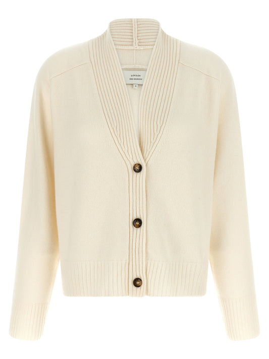 Cardigan by Loulou De Saison for women in cashmere ivory & white features a dramatic silhouette, showcasing a sophisticated v-neck neckline and dramatic detail for a timeless, premium look.